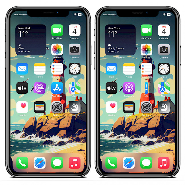 Two iPhone screens showing Everest tweak Home Screen animations.