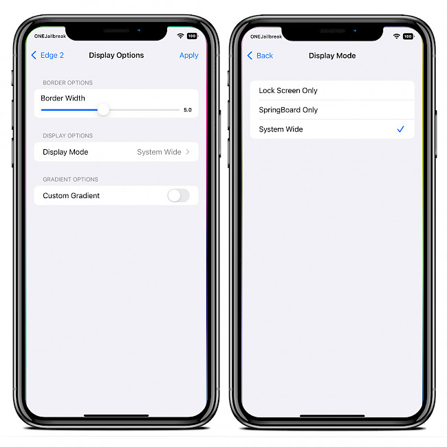Two iPhone screens showing Edge 2 preferences on iOS 15.