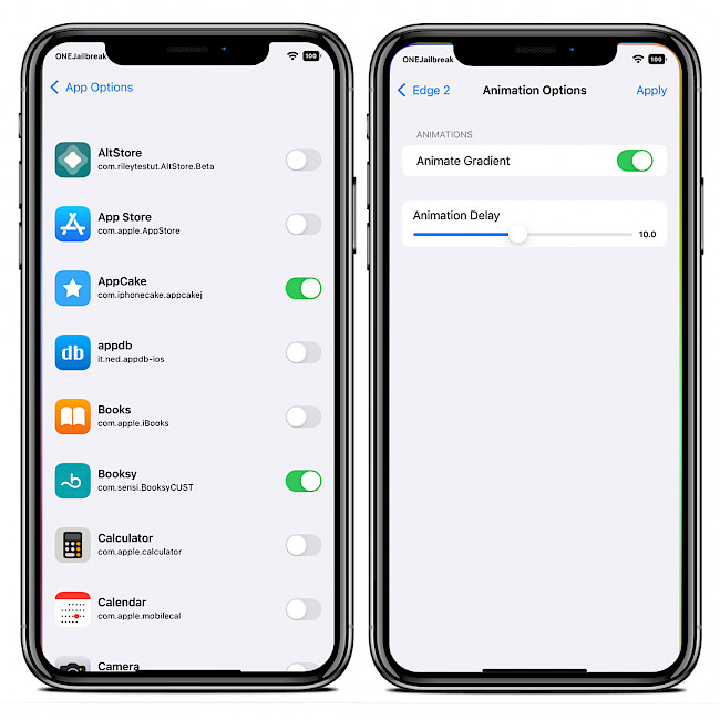 Two iPhone screens showing Edge 2 tweak options.
