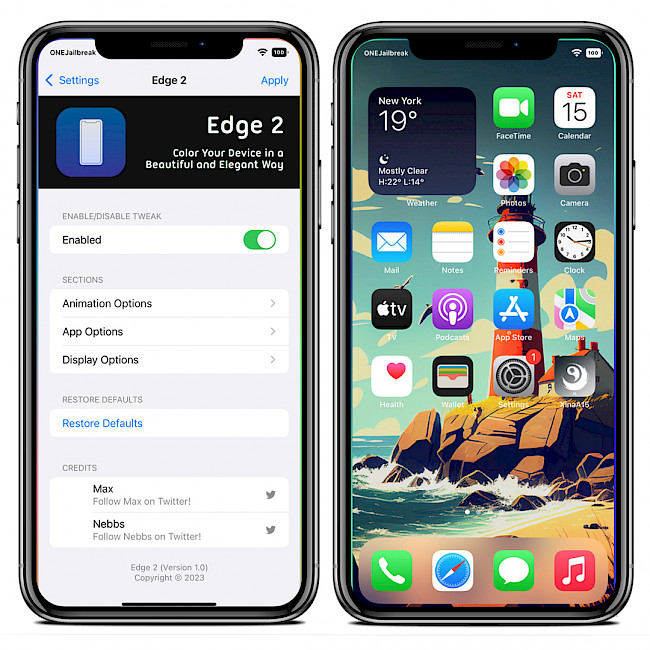 Two iPhone screens showing Edge 2 tweak.