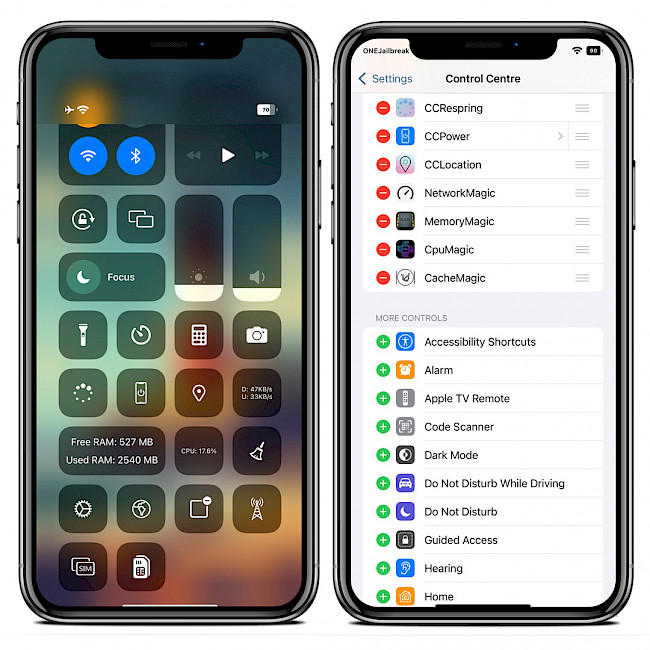 Two iPhone screens showing CC modules on Control Center.