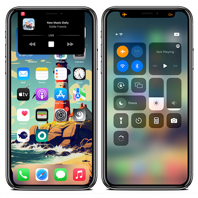 Two iPhone screens showing Dynamic Peninsula items on Home and Lock Screens.