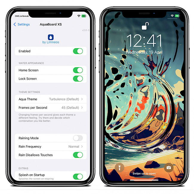 Two iPhone screens showing AquaBoard XS tweak on iOS 15.