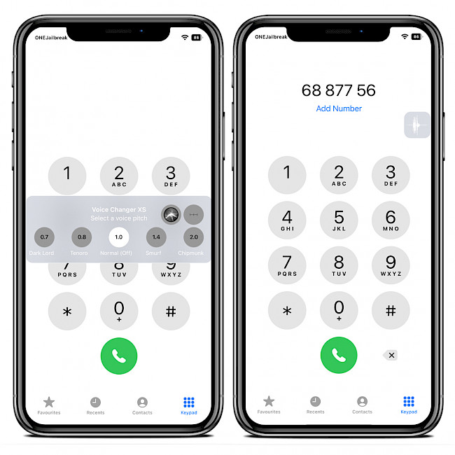 Δύο οθόνες iPhone που εμφανίζουν χειριστήρια διεπαφής χρήστη VoiceChanger XS.