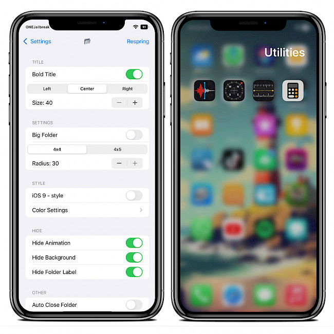 Two iPhone screens showing Folder X tweak.