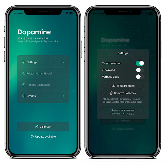 Δύο οθόνες iPhone που δείχνουν τη διεπαφή εφαρμογής Dopamine Jailbreak.