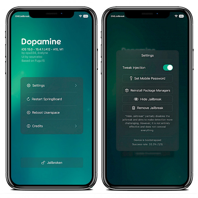 Two iPhone screens showing Dopamine Jailbreak app interface.