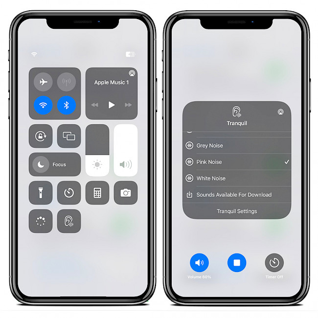 Two iPhone screens showing Tranquil tweak in Control Center on iOS 15.