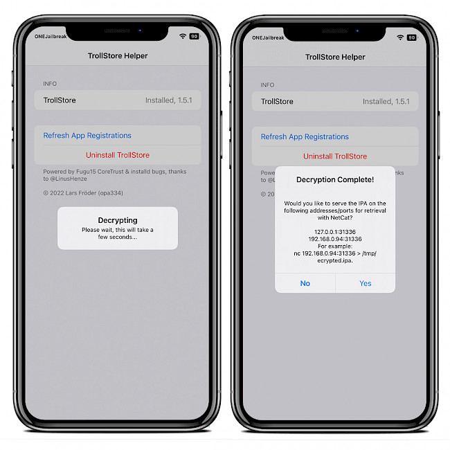 Two iPhone screens showing BFdecrypt decrypting and app and generating IPA file.