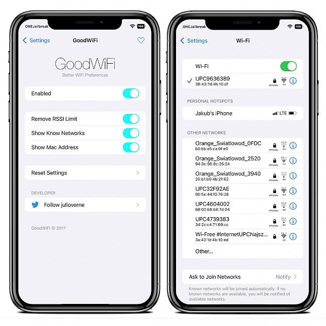 Δύο οθόνες iPhone που εμφανίζουν προτιμήσεις GoodWiFi.