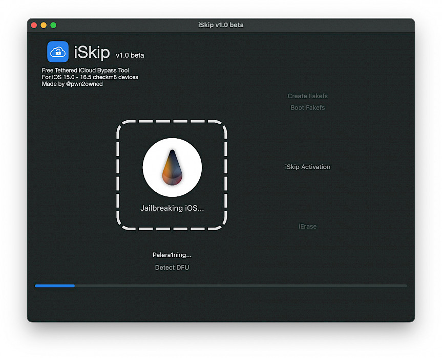 Screenshot of iSkip iCloud Bypass app on macOS.