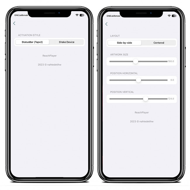 Two iPhone screens showing morw ReachPlayer settings on iOS 15.