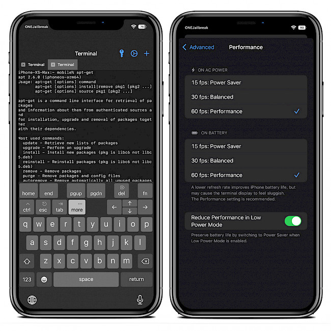 Two iPhone screens showing NewTerm 3 terminal app on iOS 15.
