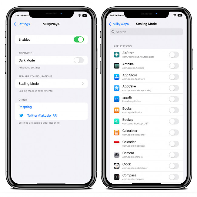Two iPhone screens showing MilkyWay 4 preferences pane on iOS 15.