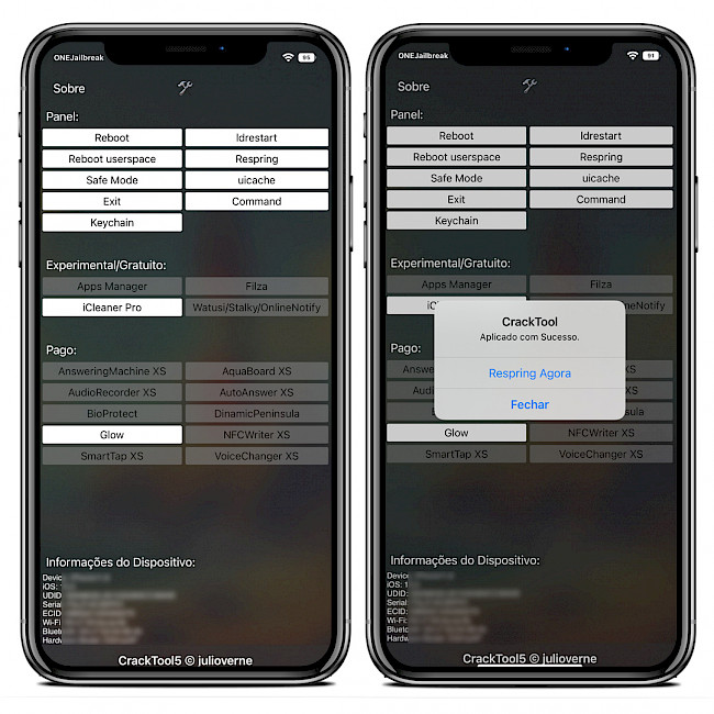 Two iPhone screens showing CrackTool5 app interface on iOS 15.
