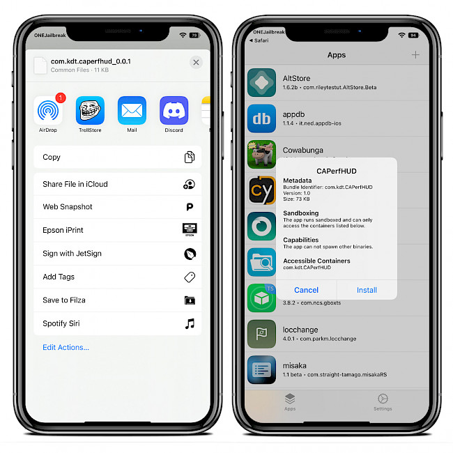 Two iPhone screens showing installation of CAPerfHUD for TrollStore on iOS 15.