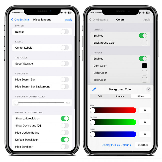 Δύο οθόνες iPhone που δείχνουν το OneSettings tweak Settings.