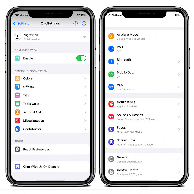 Two iPhone screens showing OneSettings tweak preferences.