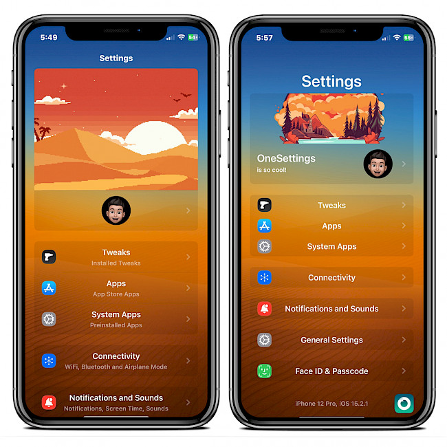 Two iPhone screens showing OneSettings tweak enabled in Settings app.