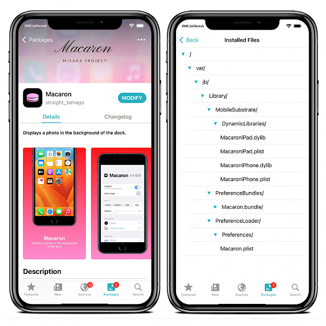 Sileo app showing Macaron Repo and a list of installed files on iOS 15.