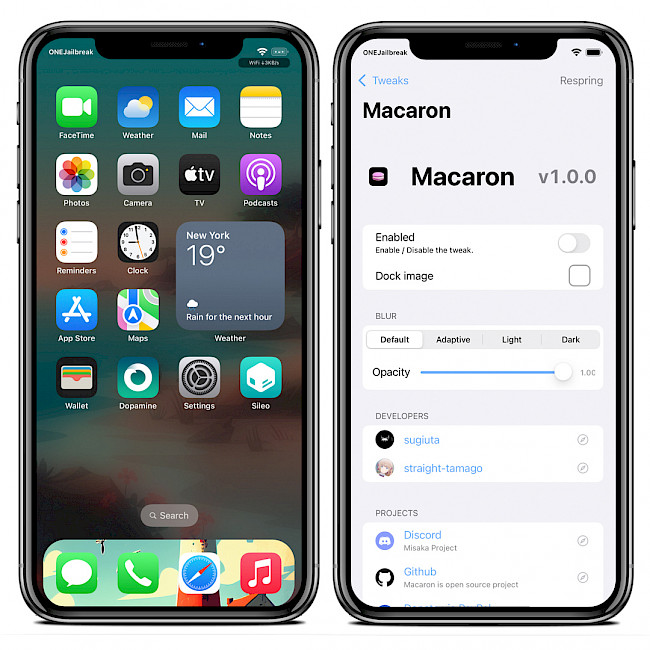 Two iPhone screens showing Macaron tweak on iOS 15.