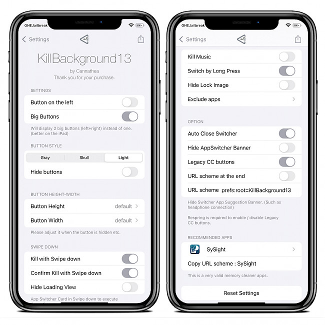 Two iPhone screens showing KillBackground13 tweak preferences.