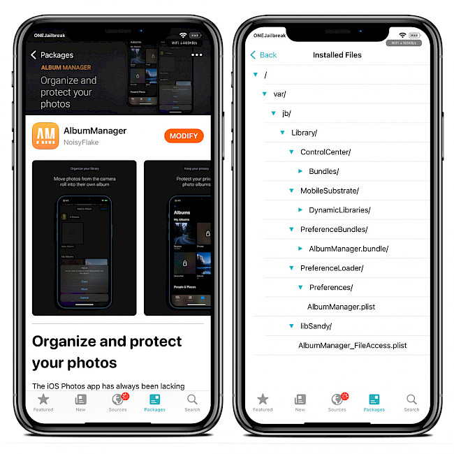 Screenshot of Sileo app showing AlbumManager Repo and a list of tweak installed files.