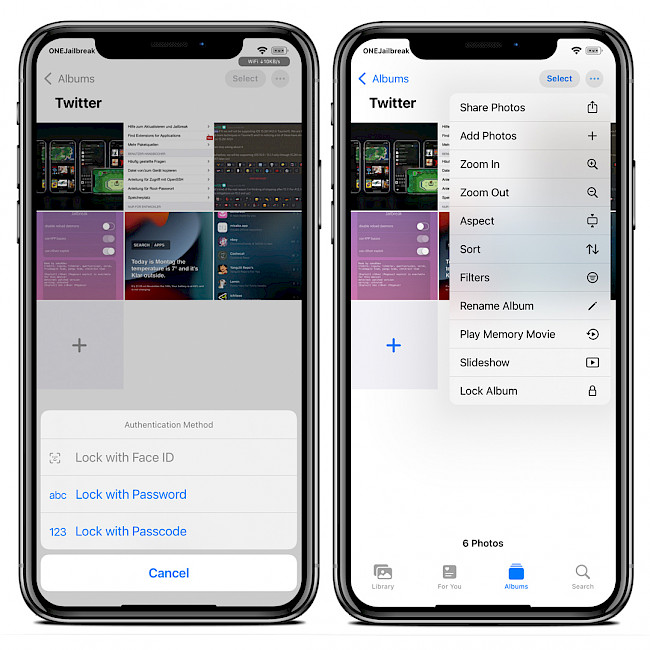 Two iPhone screens showing AlbumManager tweak protection features.