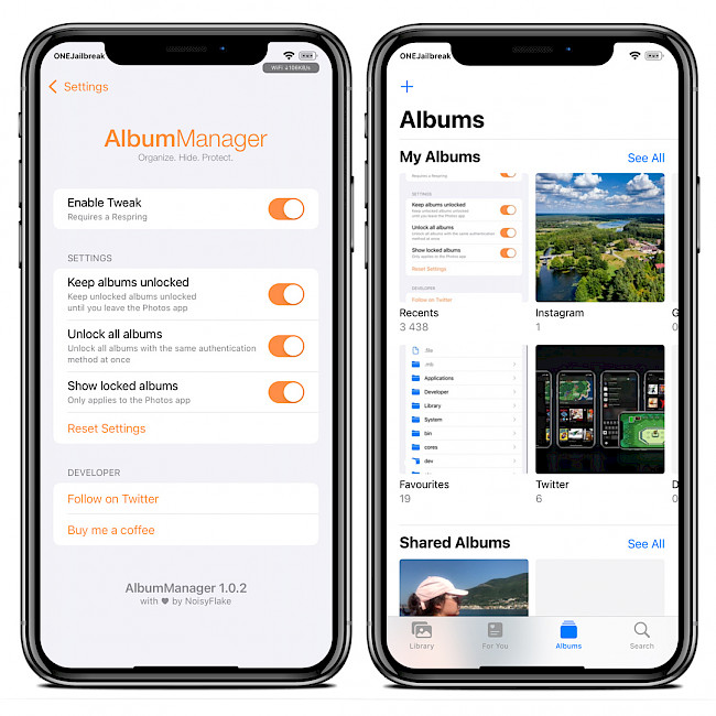 Two iPhone screens showing AlbumManager tweak.