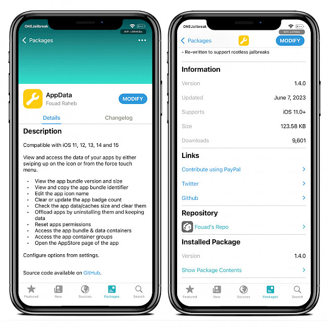 Sileo app showing AppData Repo details.