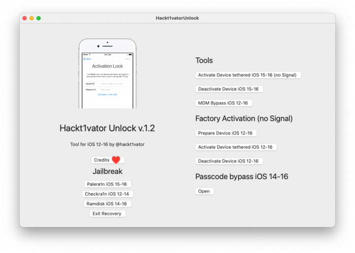 Screenshot of Hackt1vator Unlock: Bypass iCloud activation for iOS 12 - iOS 16.