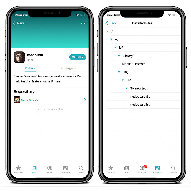 Screenshot of Medousa Repo and tweak installed files on iOS 15.
