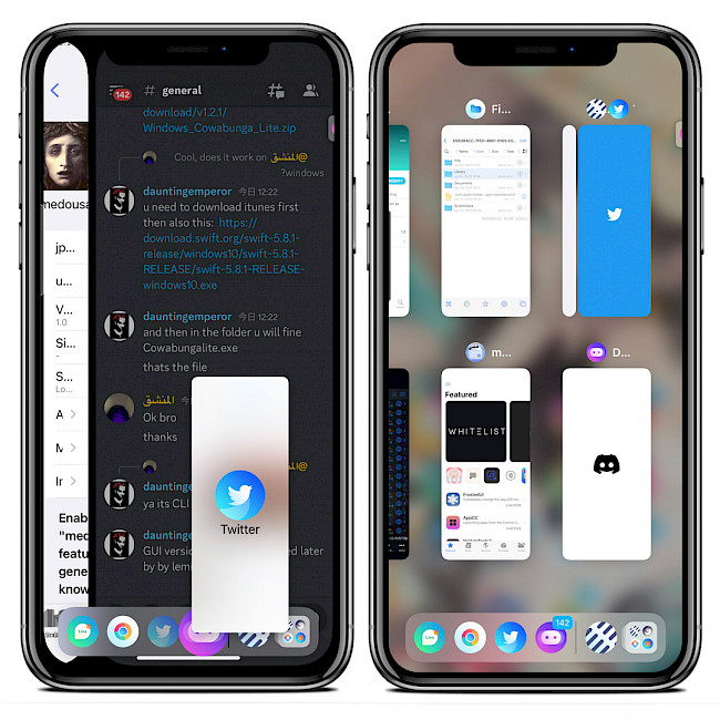 Two iPhone screens showing Medousa tweak running on iOS 15.
