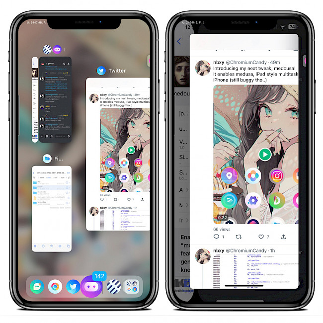 Two iPhone screens showing Medousa tweak on iOS 15 App Switcher.