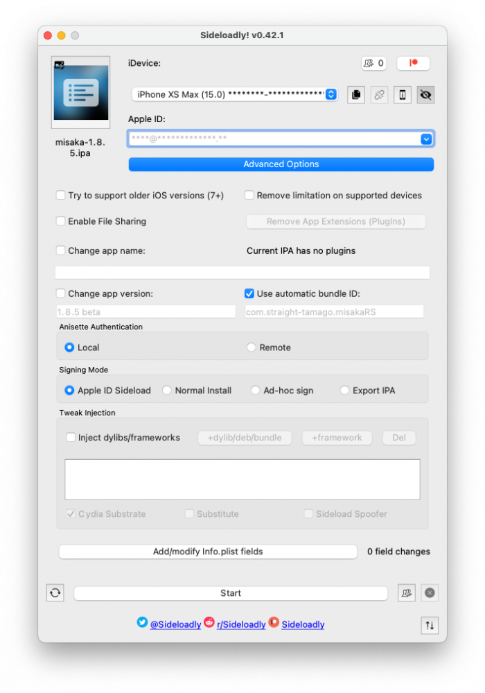 Screenshot of Misaka IPA installed with Sideloadly.