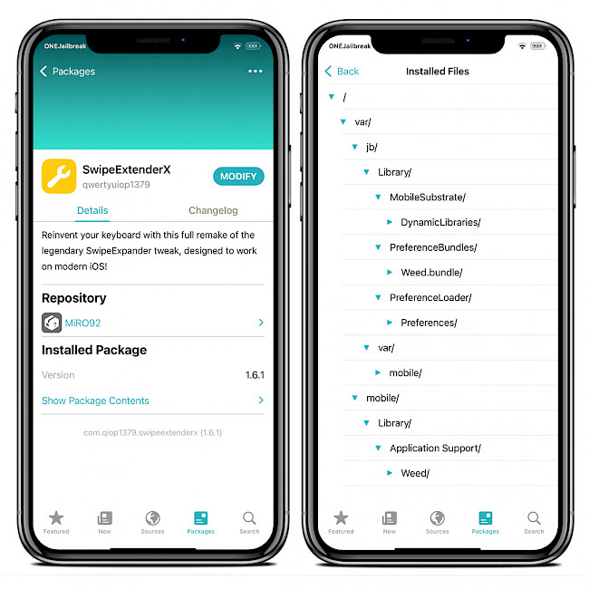 Sileo app wooing SwipeExtenderX Repo and tweak installed files.