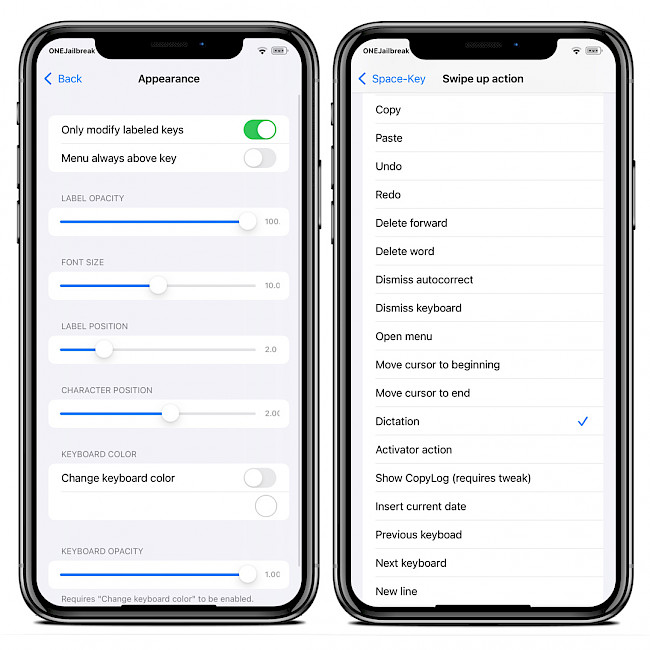 Two iPhone screens showing SwipeExtenderX tweak actions and settings.