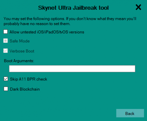 Στιγμιότυπο οθόνης επιλογών εργαλείου SkyNet Ultra Jailbreak.