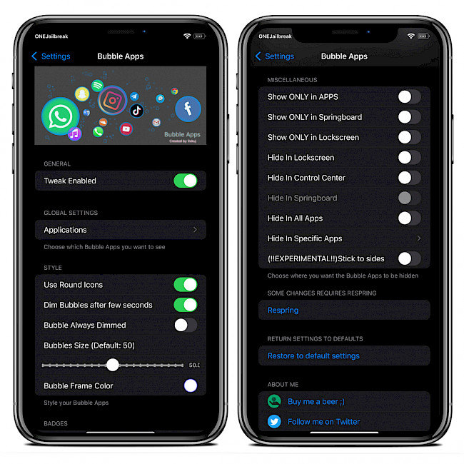 Bubble Apps tweak Settings screenshot.