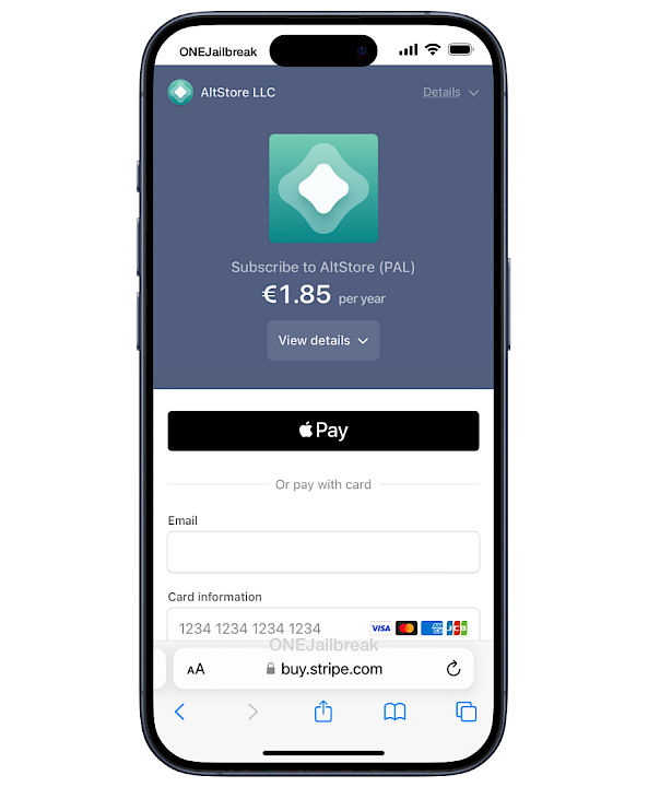 Provide your credit card or use Apple Pay to subscribe to AltStore PAL.