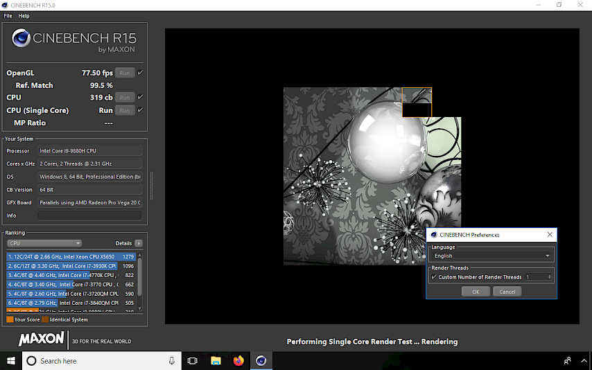 Cinebench R15 Preferences and Language Settings.