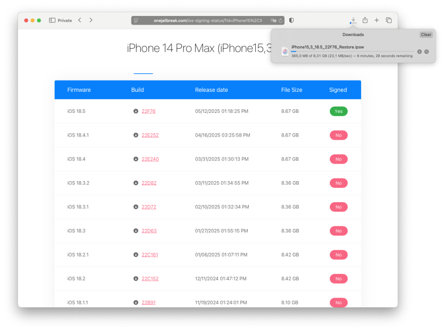 Download iOS 18 IPSW from Apple servers.