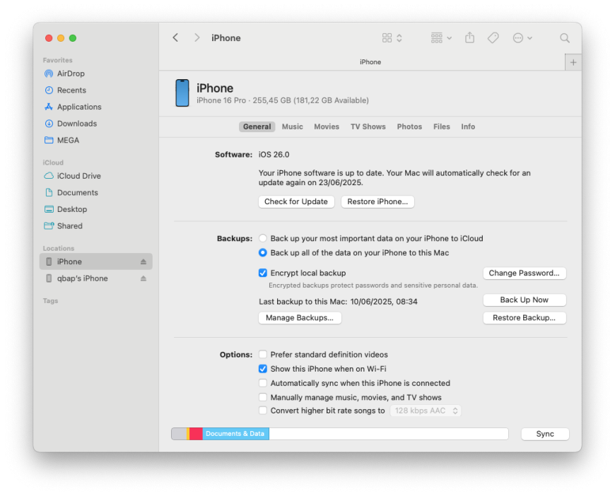 Downgrade iOS 26 to iOS 18 using Finder on macOS.