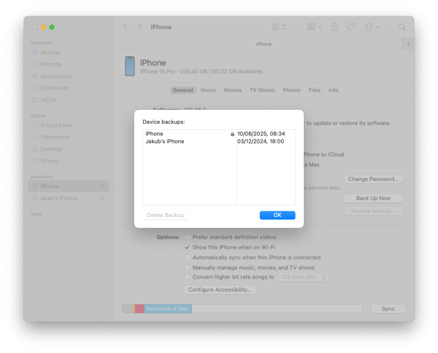 Restore iOS 18 backup with all configurations and files.
