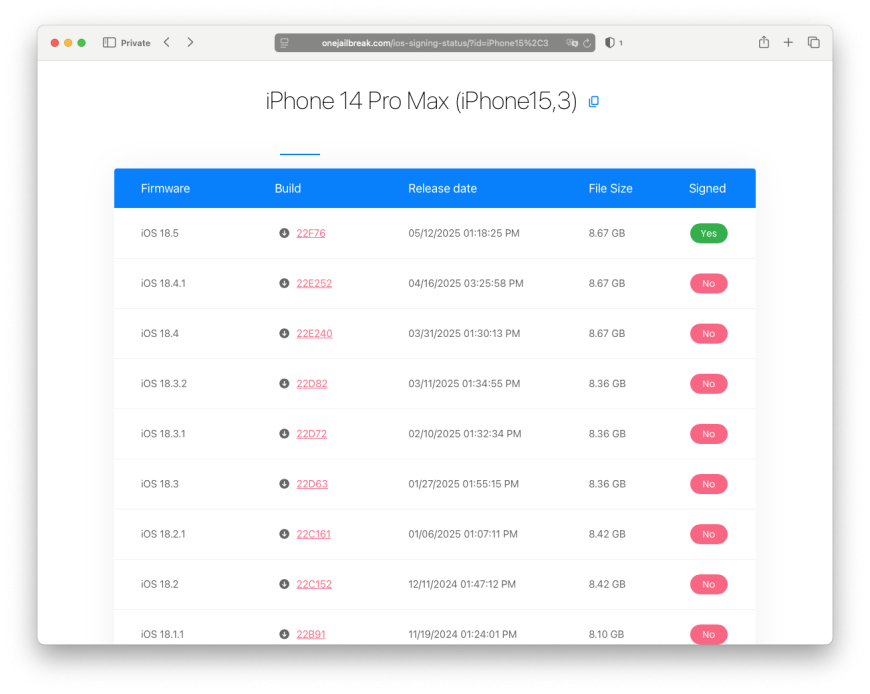 ONE Jailbreak iOS Signing Status tool showing iOS 18 status.