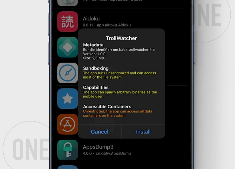 Installing TrollWatcher Lite IPA file through TrollStore on iOS, showing the app added to the Home Screen.