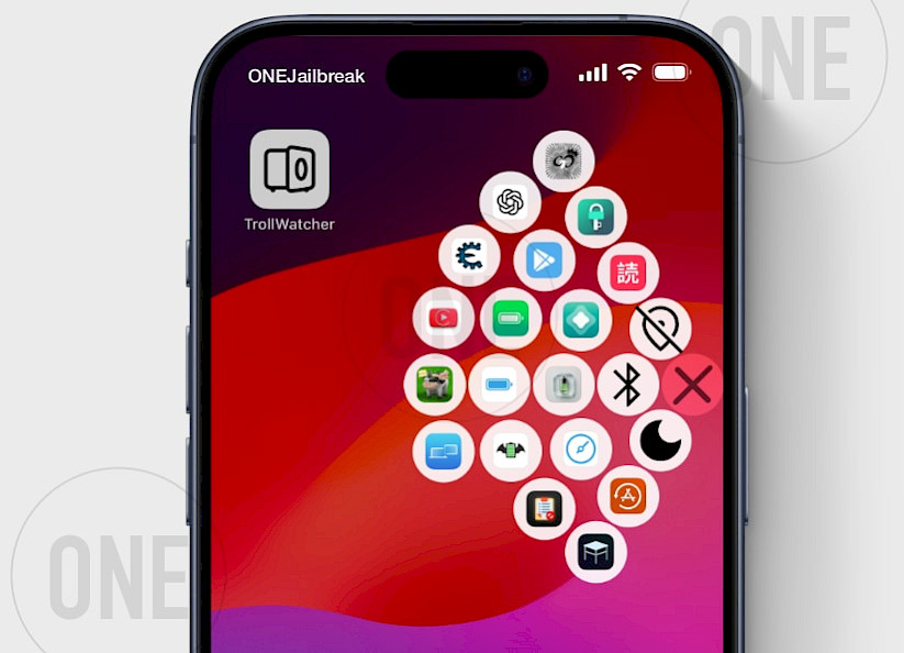 Fan-style TrollWatcher Lite menu with quick access buttons shown on the iPhone Home Screen.