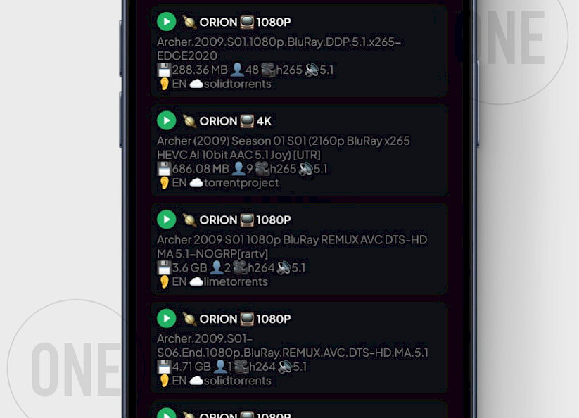 Stremio Torrent Links provided by Orion service running on iPhone